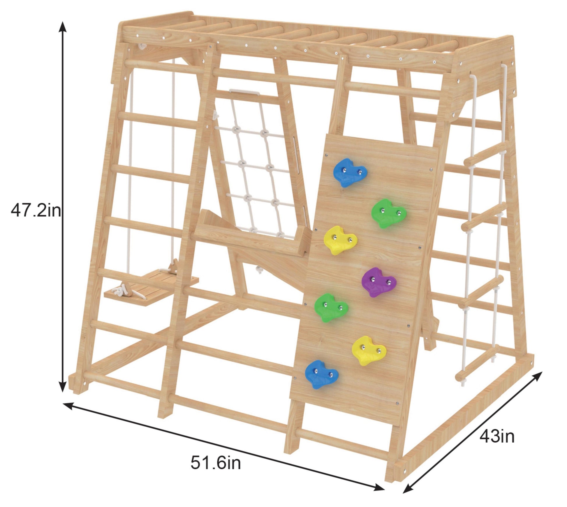 Magnolia | Indoor Wooden Jungle Gym with Monkey Bars, Rock Wall & Swing - Chickadees Wooden Toys