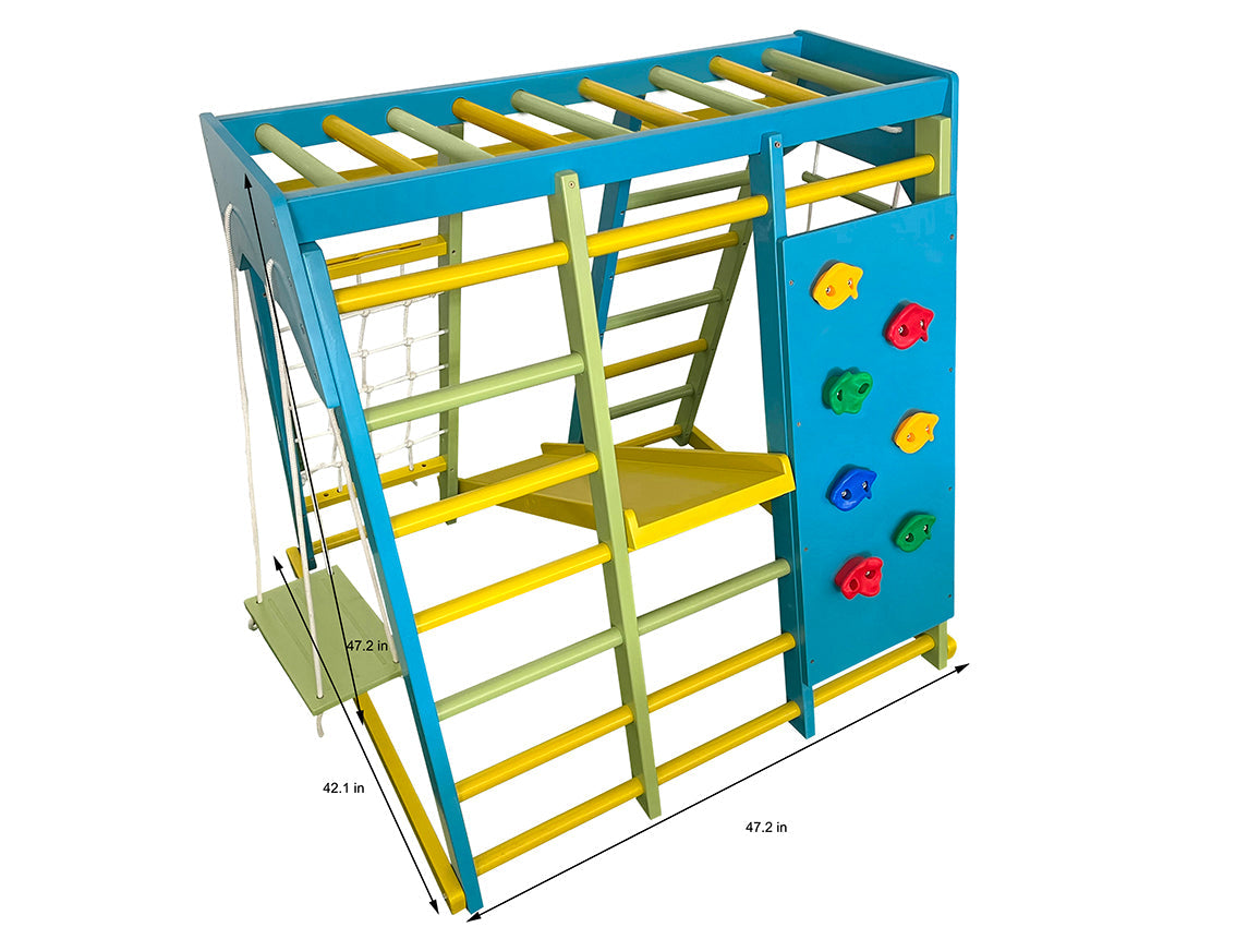 Magnolia | Indoor Wooden Jungle Gym with Monkey Bars, Rock Wall & Swing - Chickadees Wooden Toys