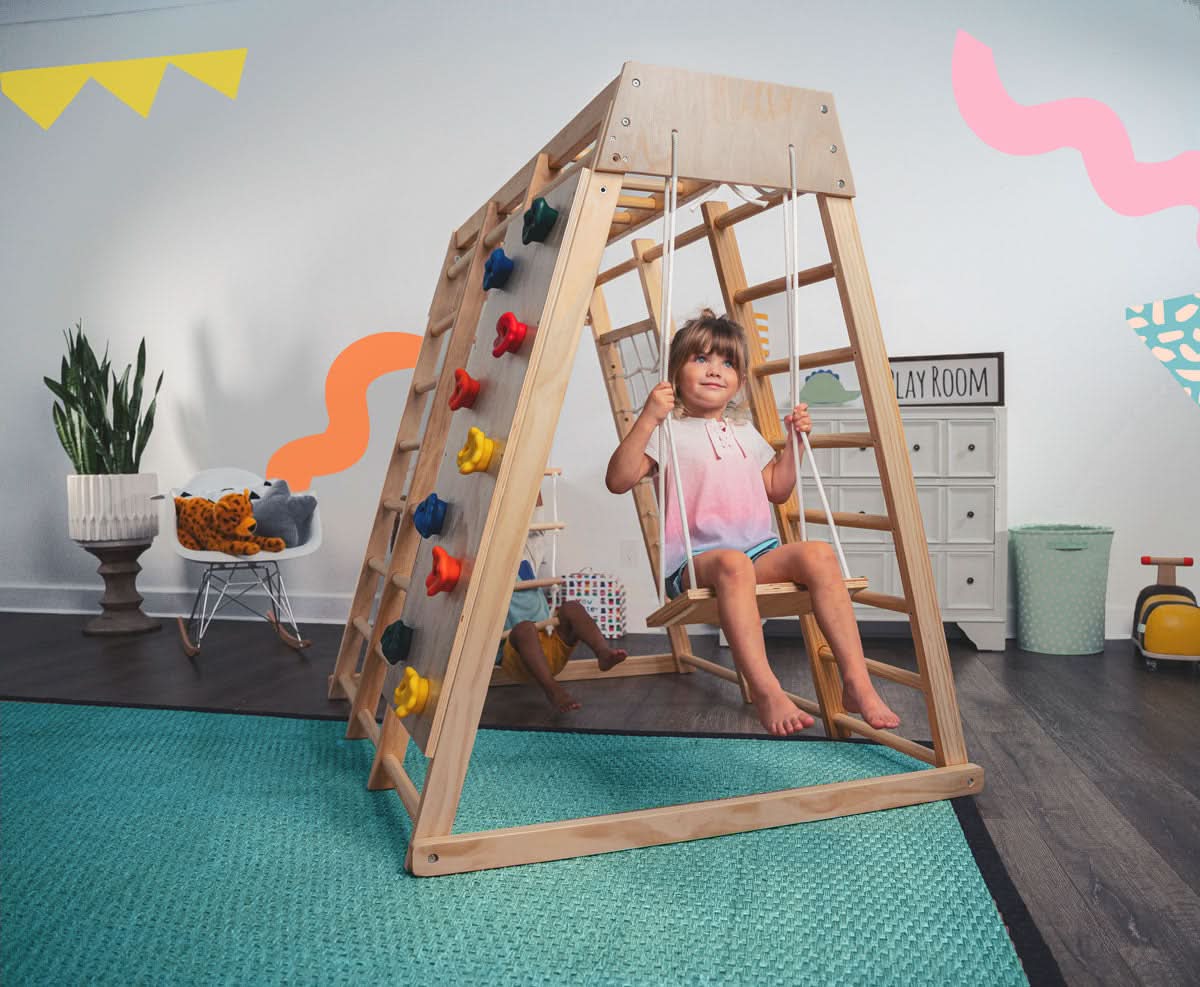 Magnolia | Indoor Wooden Jungle Gym with Monkey Bars, Rock Wall & Swing - Chickadees Wooden Toys