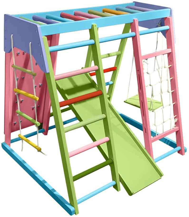 Magnolia | Indoor Wooden Jungle Gym with Monkey Bars, Rock Wall & Swing - Chickadees Wooden Toys