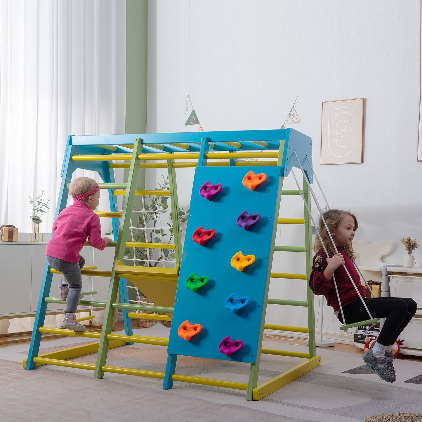 Magnolia | Indoor Wooden Jungle Gym with Monkey Bars, Rock Wall & Swing - Chickadees Wooden Toys