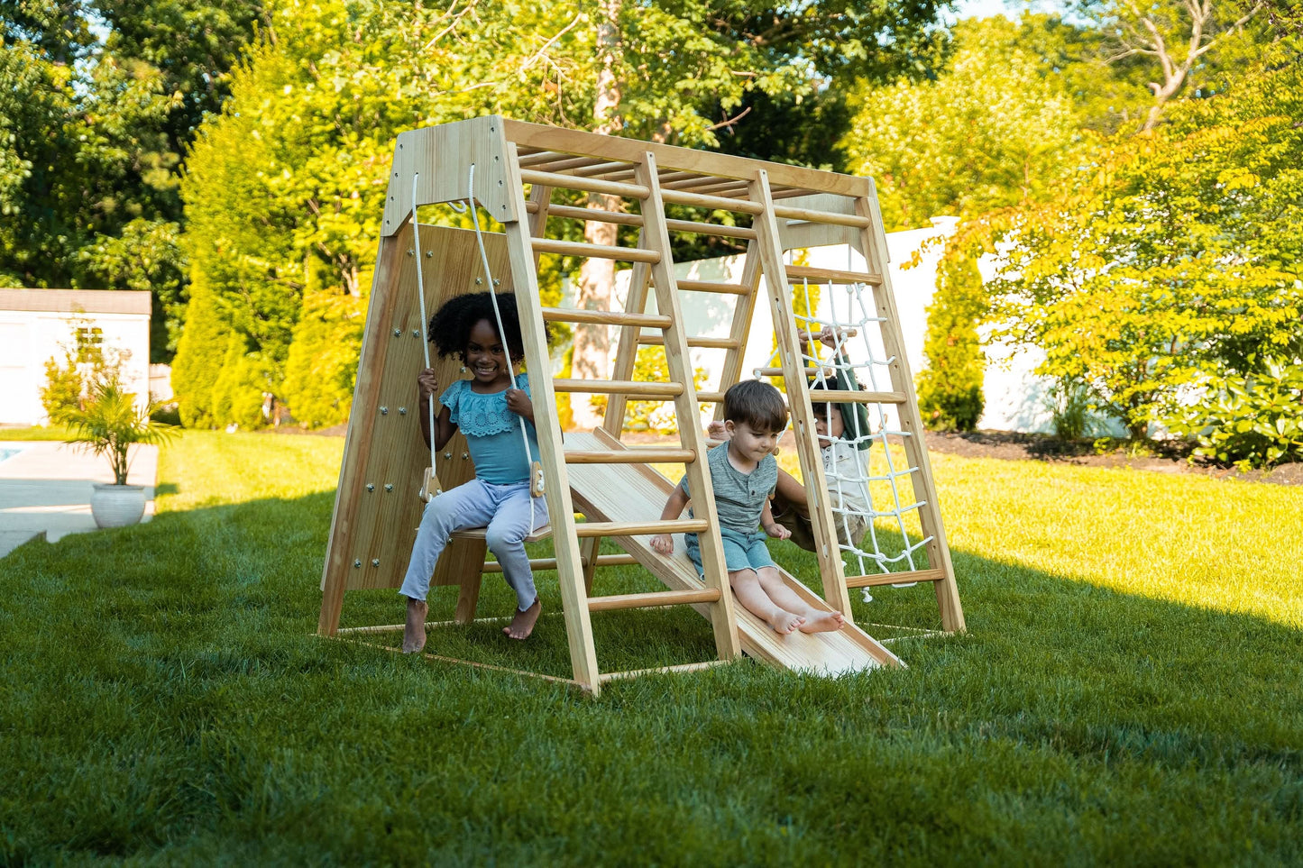 Magnolia | Indoor Wooden Jungle Gym with Monkey Bars, Rock Wall & Swing - Chickadees Wooden Toys