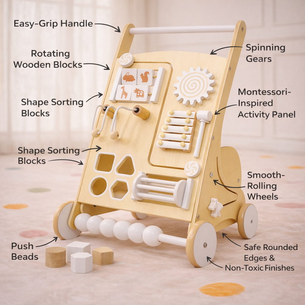 Wooden Baby Push Walker with Activity Panel | Montessori Walker for First Steps - Chickadees Wooden Toys