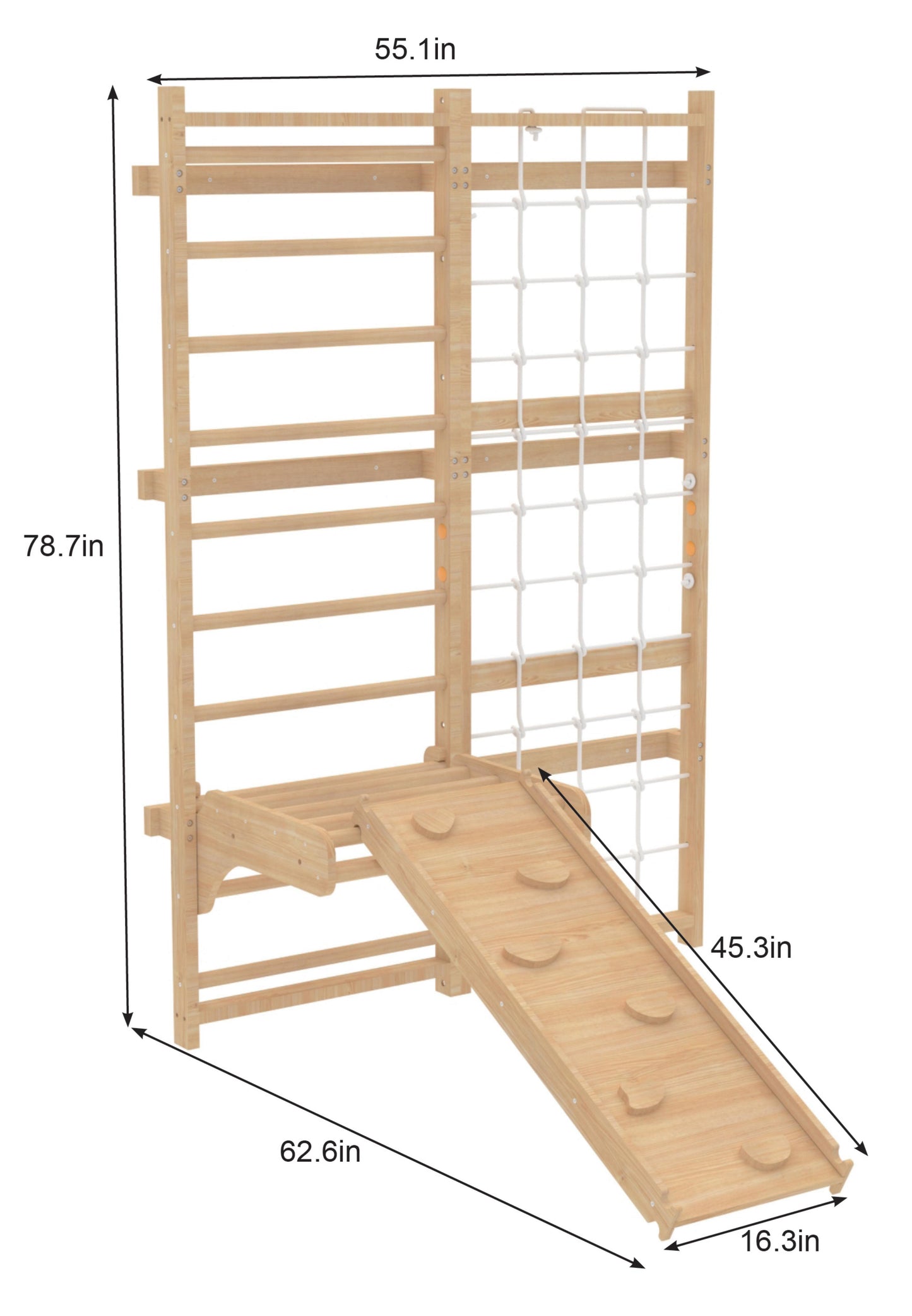 Neem 79" | Swedish Ladder and Climbing Net for Kids, Lower Ceilings - Chickadees Wooden Toys