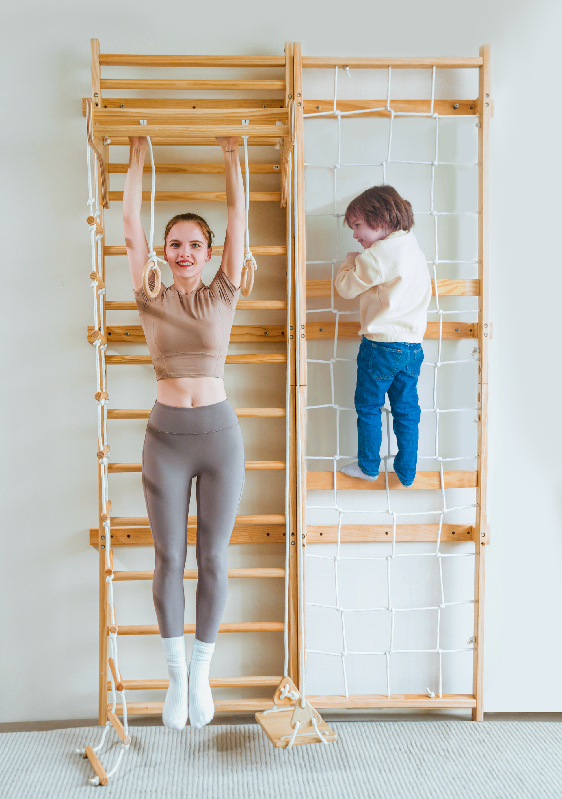 Neem 79" | Swedish Ladder and Climbing Net for Kids, Lower Ceilings - Chickadees Wooden Toys