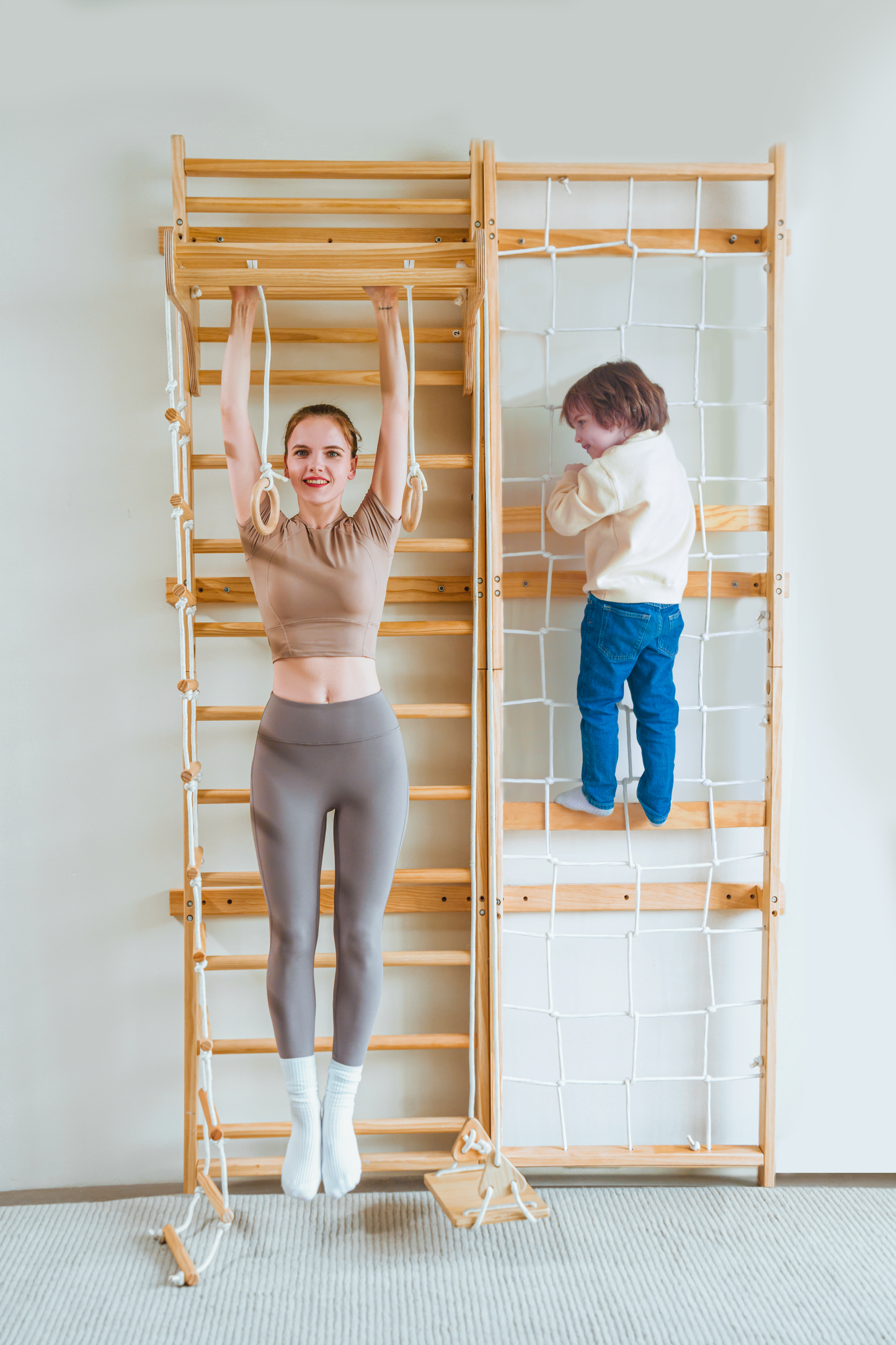 Neem 79" | Swedish Ladder & Rope Wall, Indoor Wooden Climber for Kids - Chickadees Wooden Toys
