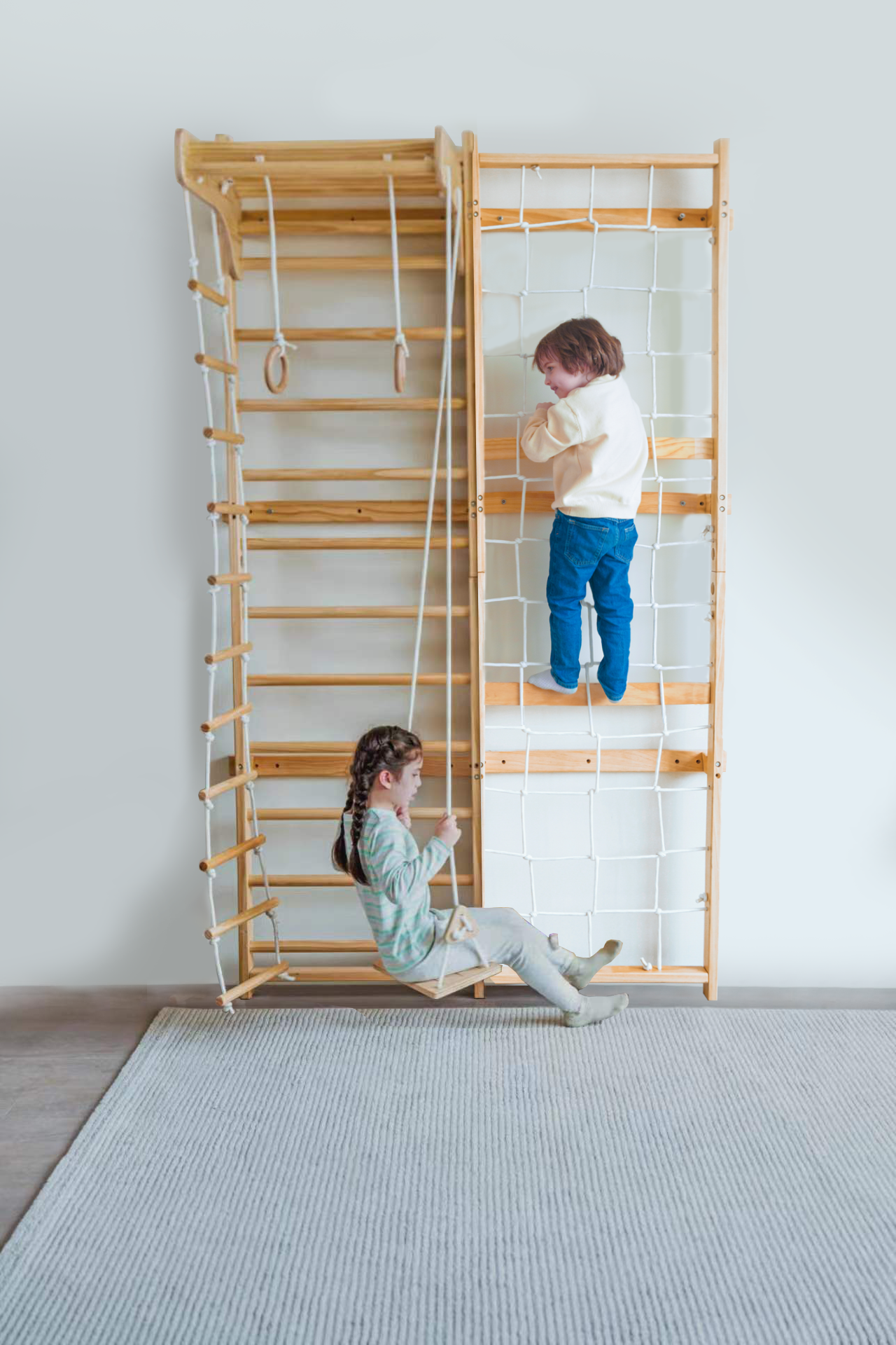Neem 79" | Swedish Ladder & Rope Wall, Indoor Wooden Climber for Kids - Chickadees Wooden Toys