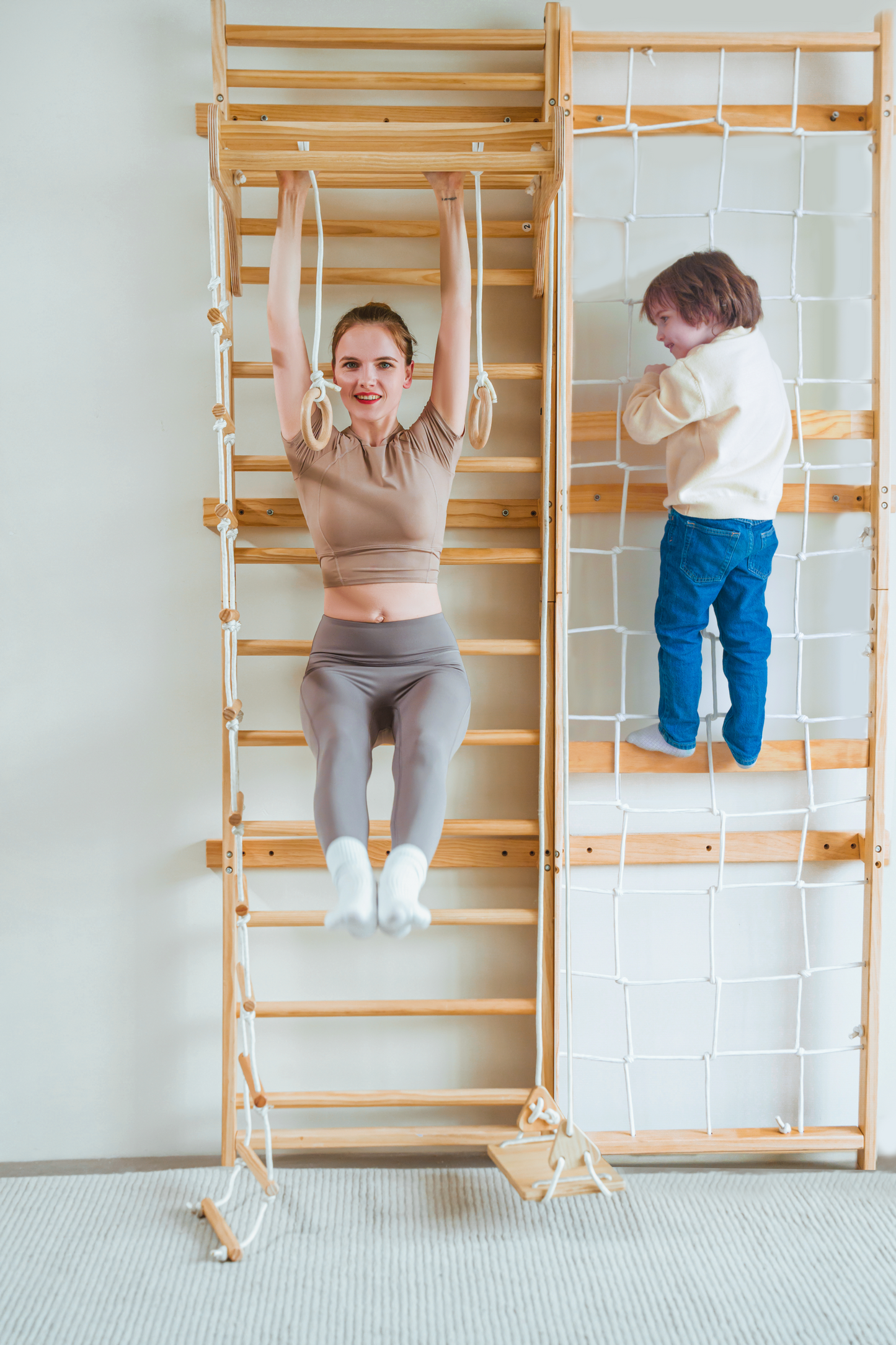 Neem 79" | Swedish Ladder & Rope Wall, Indoor Wooden Climber for Kids - Chickadees Wooden Toys