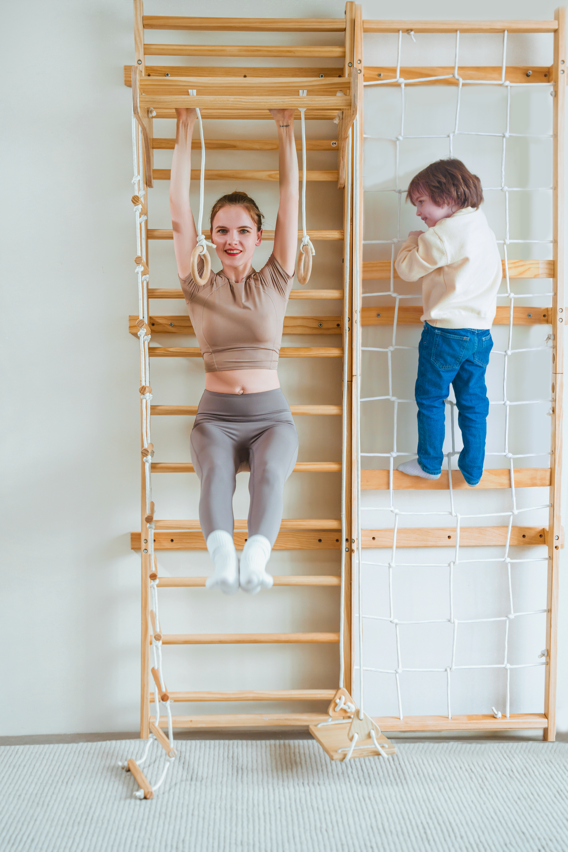 Neem 79" | Swedish Ladder & Rope Wall, Indoor Wooden Climber for Kids - Chickadees Wooden Toys