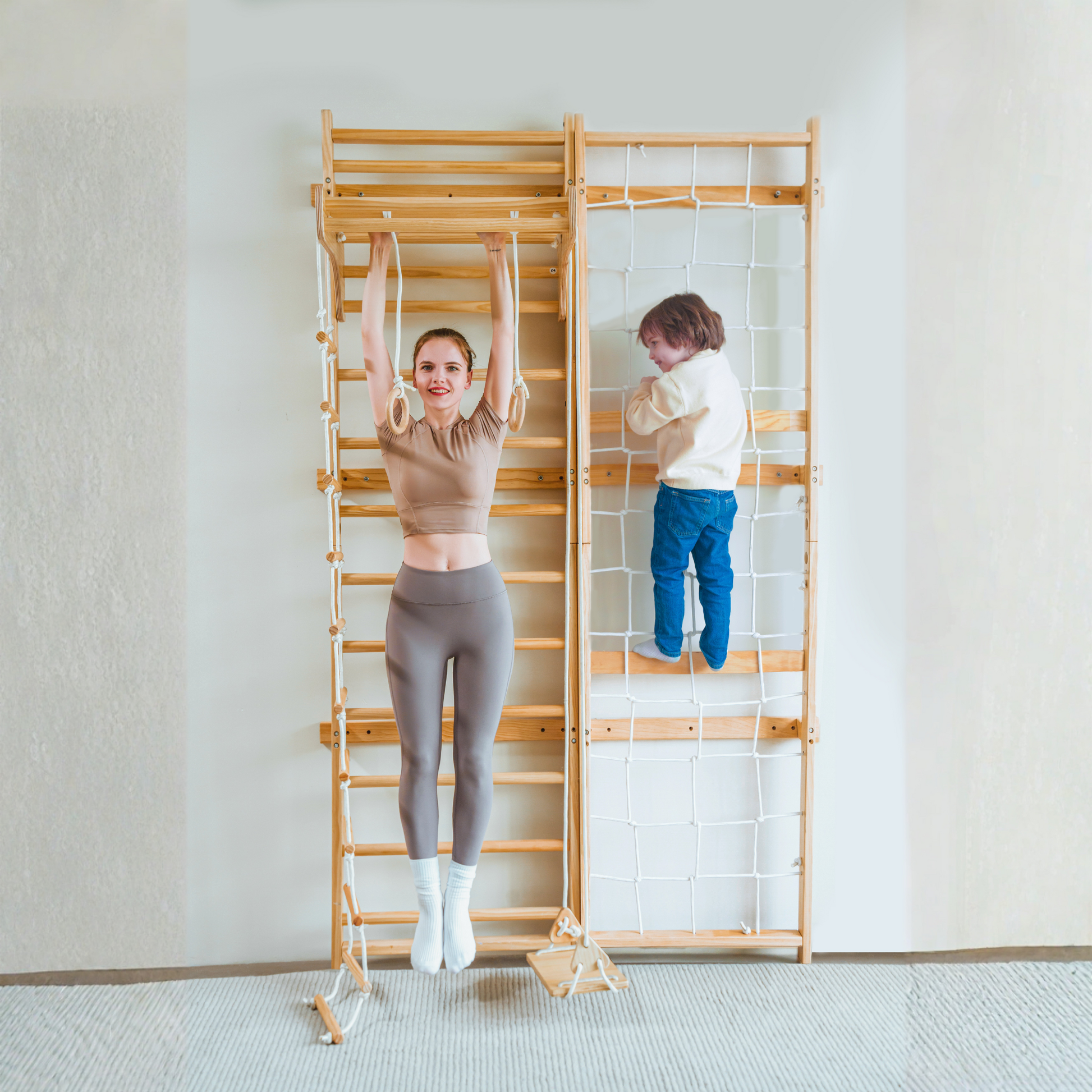 Neem 79" | Swedish Ladder & Rope Wall, Indoor Wooden Climber for Kids - Chickadees Wooden Toys