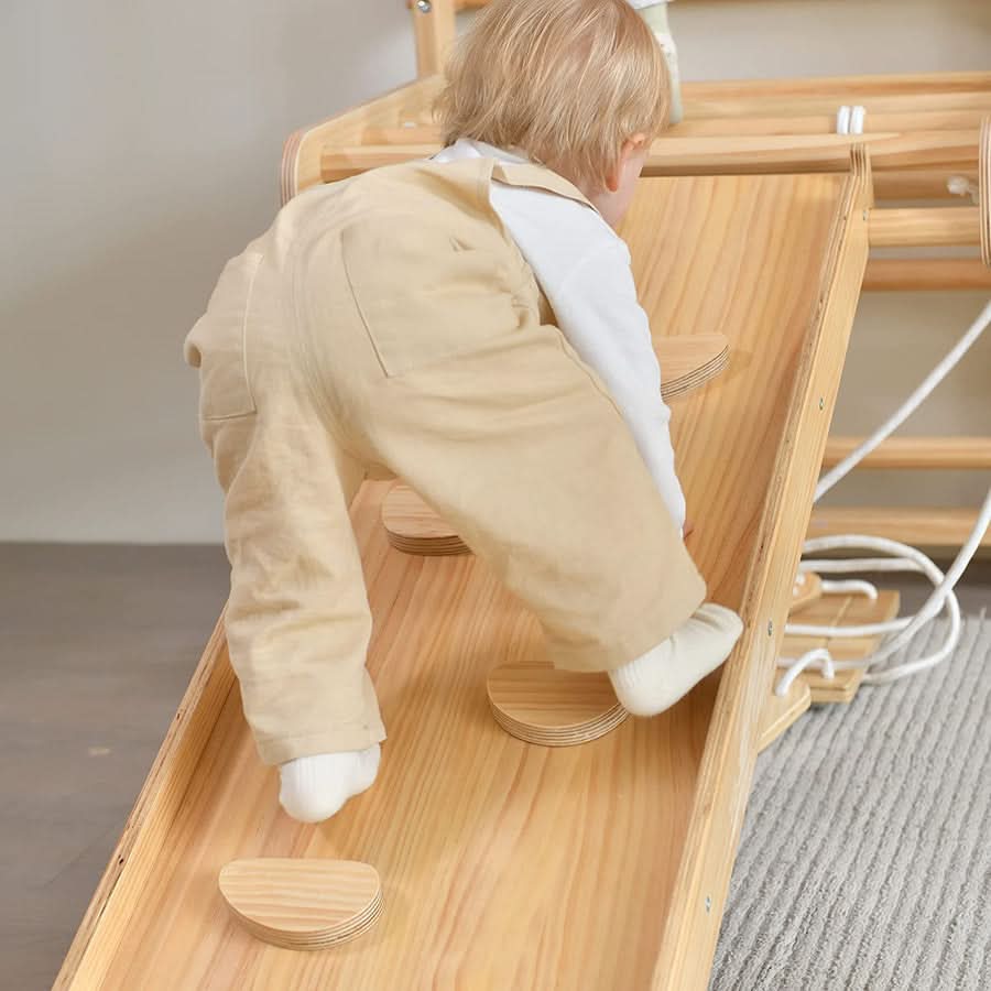 Neem 79" | Swedish Ladder & Rope Wall, Indoor Wooden Climber for Kids - Chickadees Wooden Toys