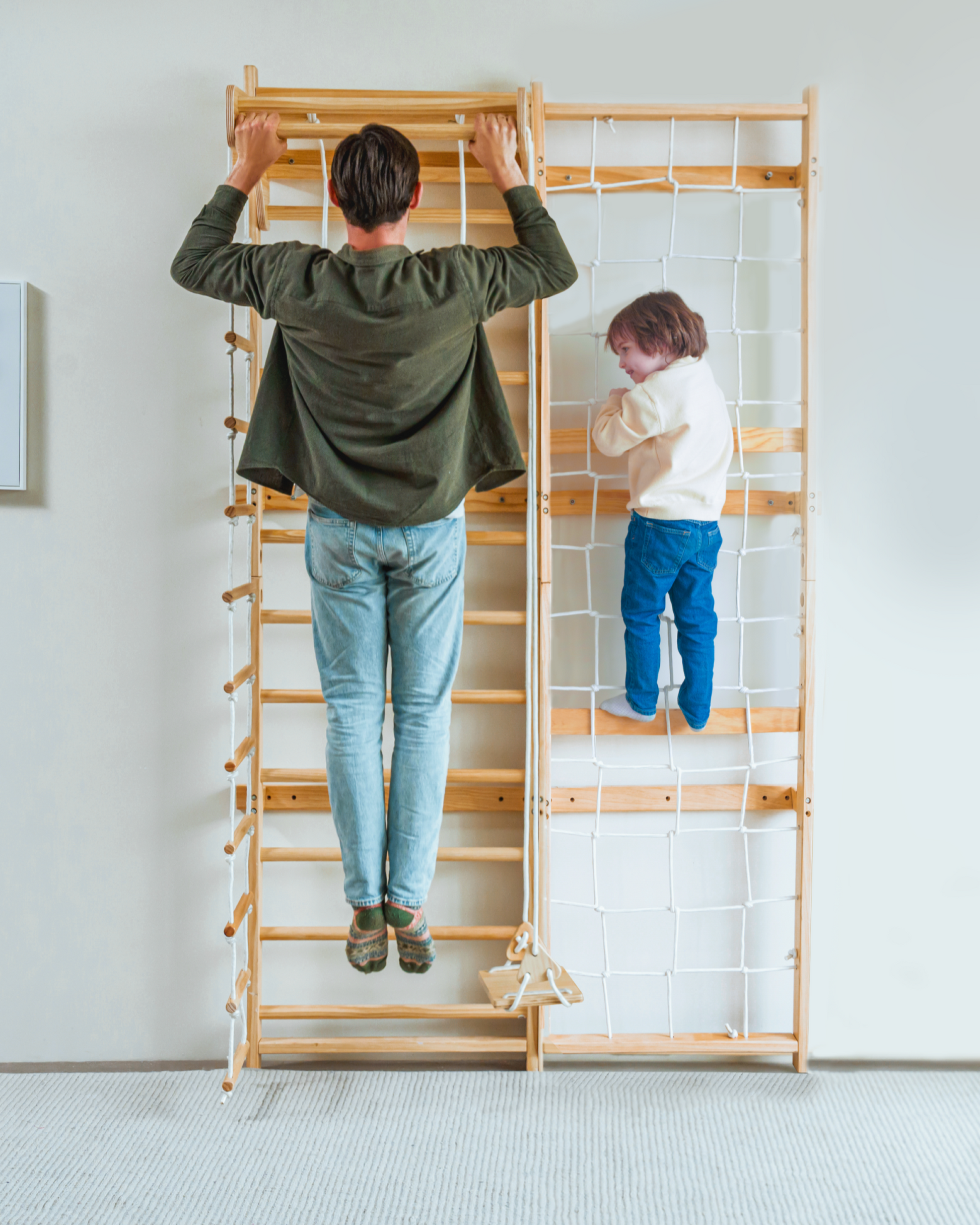 Neem 79" | Swedish Ladder & Rope Wall, Indoor Wooden Climber for Kids - Chickadees Wooden Toys