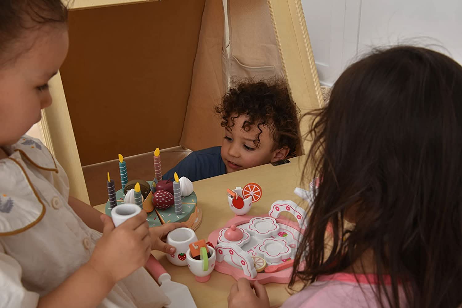 Oak Montessori Play Tent & Climber | Wooden Activity House with Rock Wall, Chalkboard, Desk & Stool - Chickadees Wooden Toys