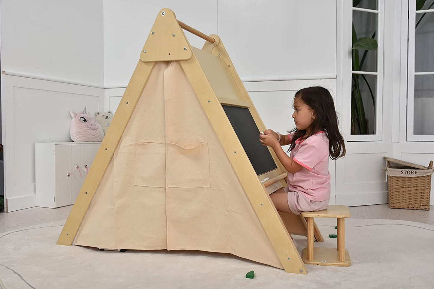 Oak Montessori Play Tent & Climber | Wooden Activity House with Rock Wall, Chalkboard, Desk & Stool - Chickadees Wooden Toys