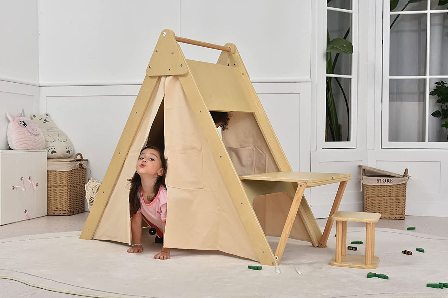 Oak Montessori Play Tent & Climber | Wooden Activity House with Rock Wall, Chalkboard, Desk & Stool - Chickadees Wooden Toys