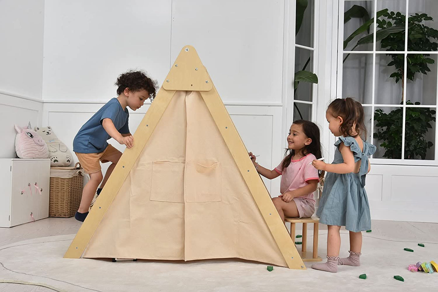 Oak Montessori Play Tent & Climber | Wooden Activity House with Rock Wall, Chalkboard, Desk & Stool - Chickadees Wooden Toys