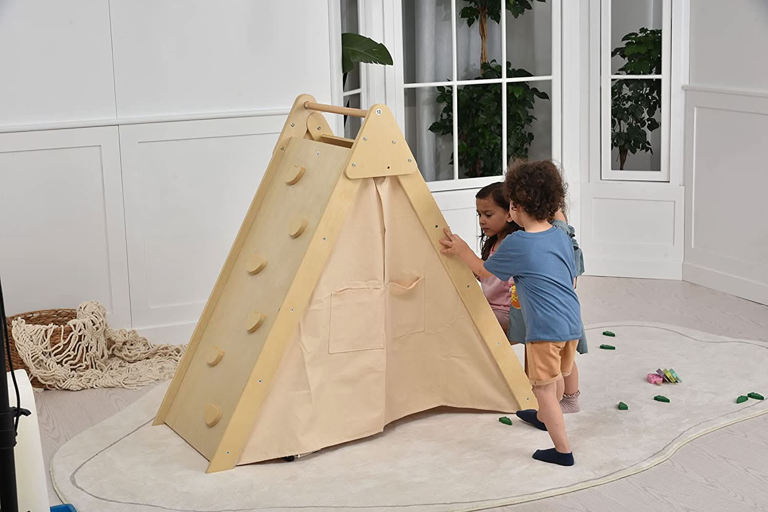 Oak Montessori Play Tent & Climber | Wooden Activity House with Rock Wall, Chalkboard, Desk & Stool - Chickadees Wooden Toys