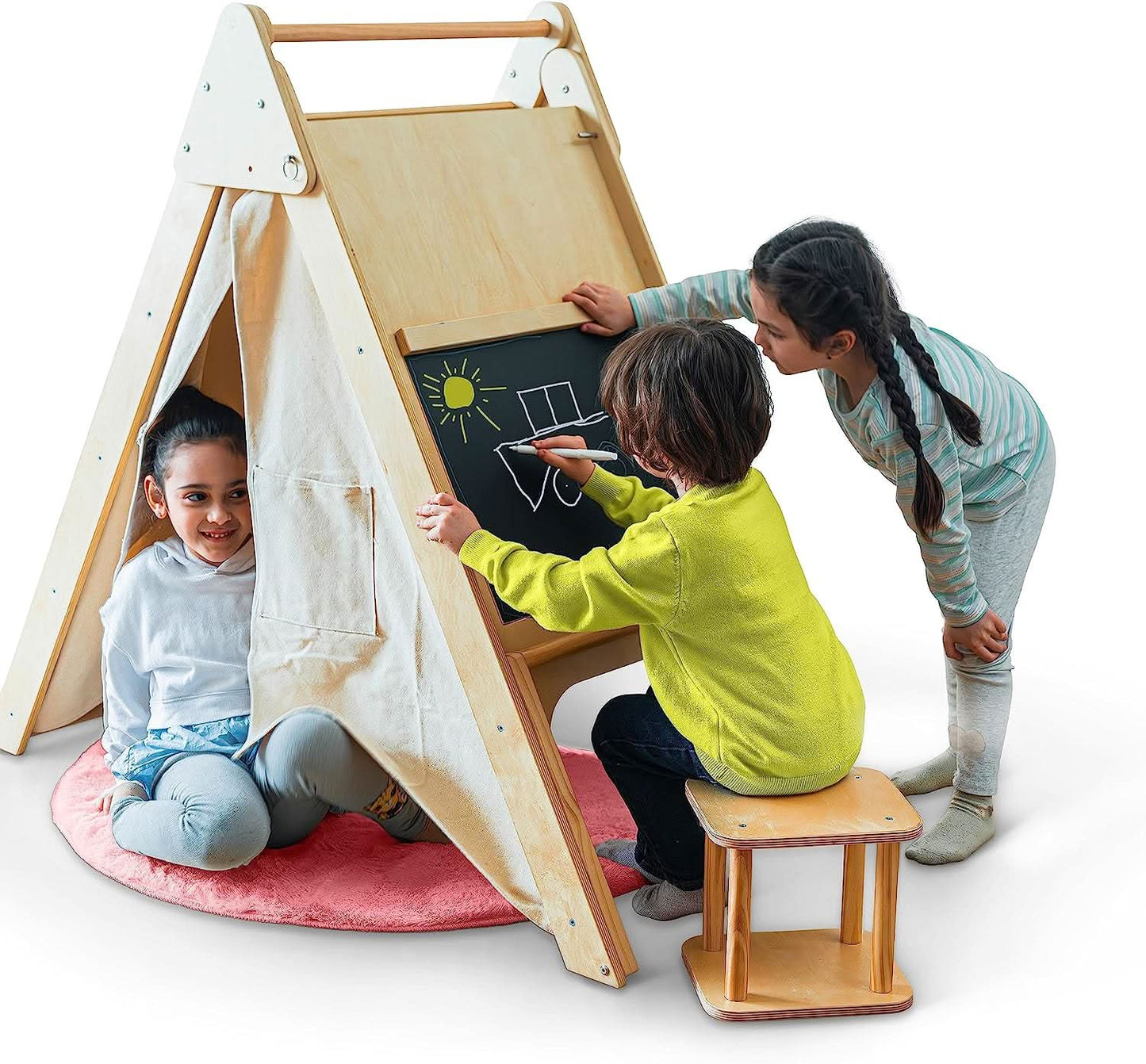 Oak Montessori Play Tent & Climber | Wooden Activity House with Rock Wall, Chalkboard, Desk & Stool - Chickadees Wooden Toys