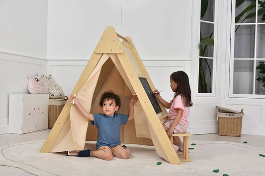 Oak Montessori Play Tent & Climber | Wooden Activity House with Rock Wall, Chalkboard, Desk & Stool - Chickadees Wooden Toys