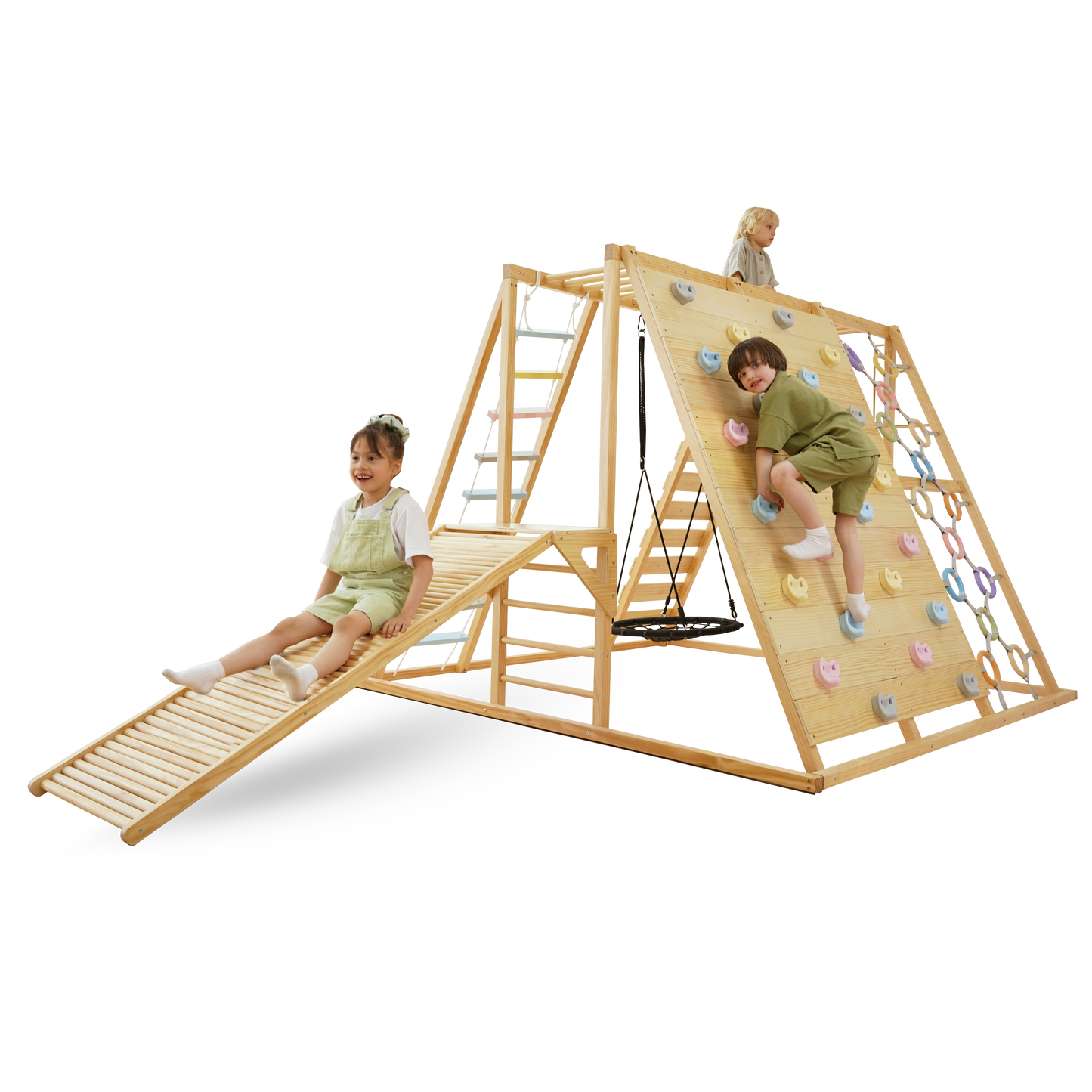 Sweetgum Jumbo | 8-in-1 Indoor Wooden Playset with Slide, Swing & Rock Wall - Chickadees Wooden Toys