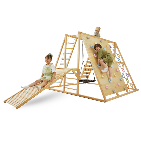 Sweetgum Jumbo | 8-in-1 Indoor Wooden Playset with Slide, Swing & Rock Wall