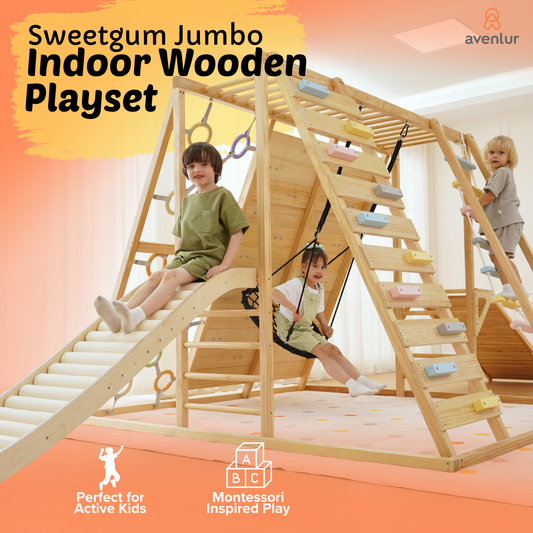 Sweetgum Jumbo | 8-in-1 Indoor Wooden Playset with Slide, Swing & Rock Wall