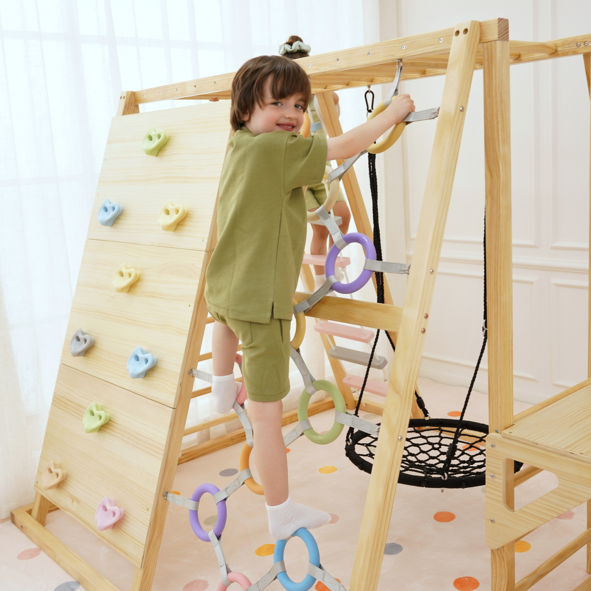 Sweetgum XL | 8-in-1 Indoor Playset for Toddlers with Slide and Swing - Chickadees Wooden Toys