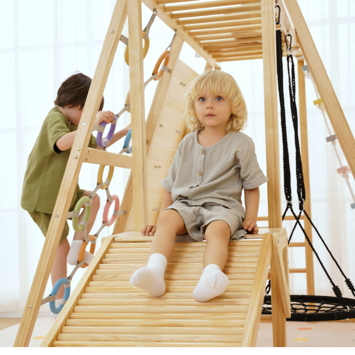 Sweetgum XL | 8-in-1 Indoor Playset for Toddlers with Slide and Swing - Chickadees Wooden Toys