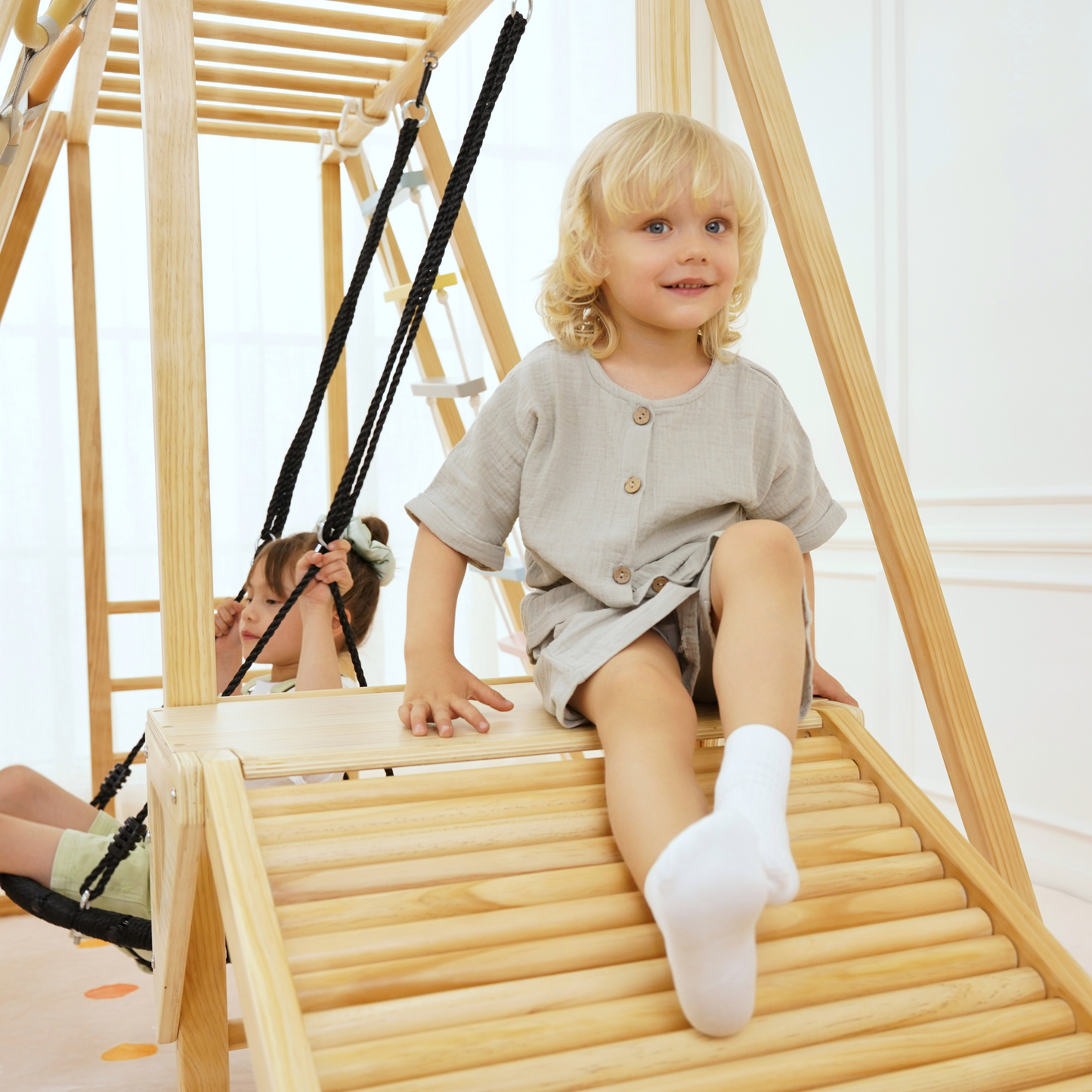 Sweetgum XL | 8-in-1 Indoor Playset for Toddlers with Slide and Swing - Chickadees Wooden Toys