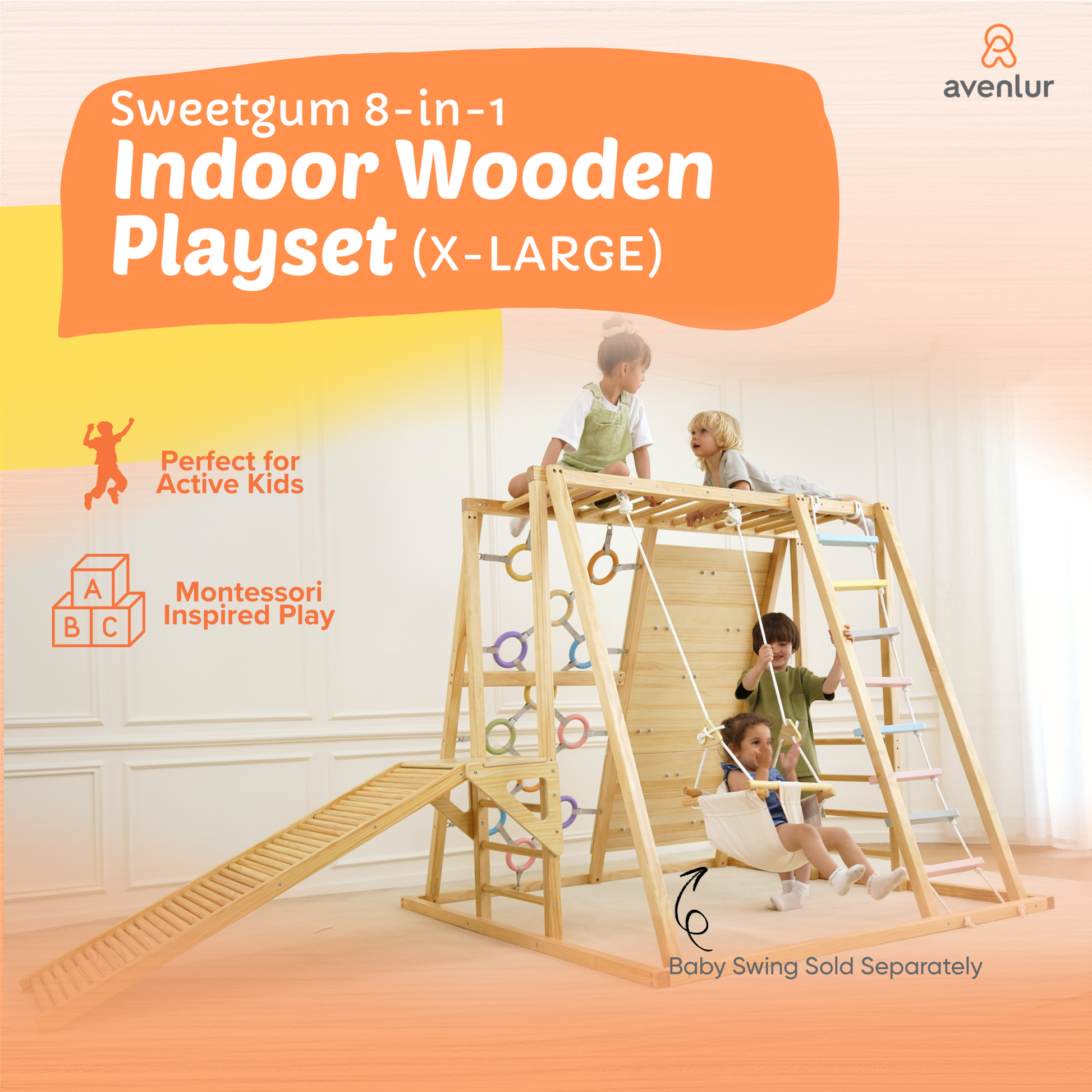 Sweetgum XL | 8-in-1 Indoor Playset for Toddlers with Slide and Swing - Chickadees Wooden Toys