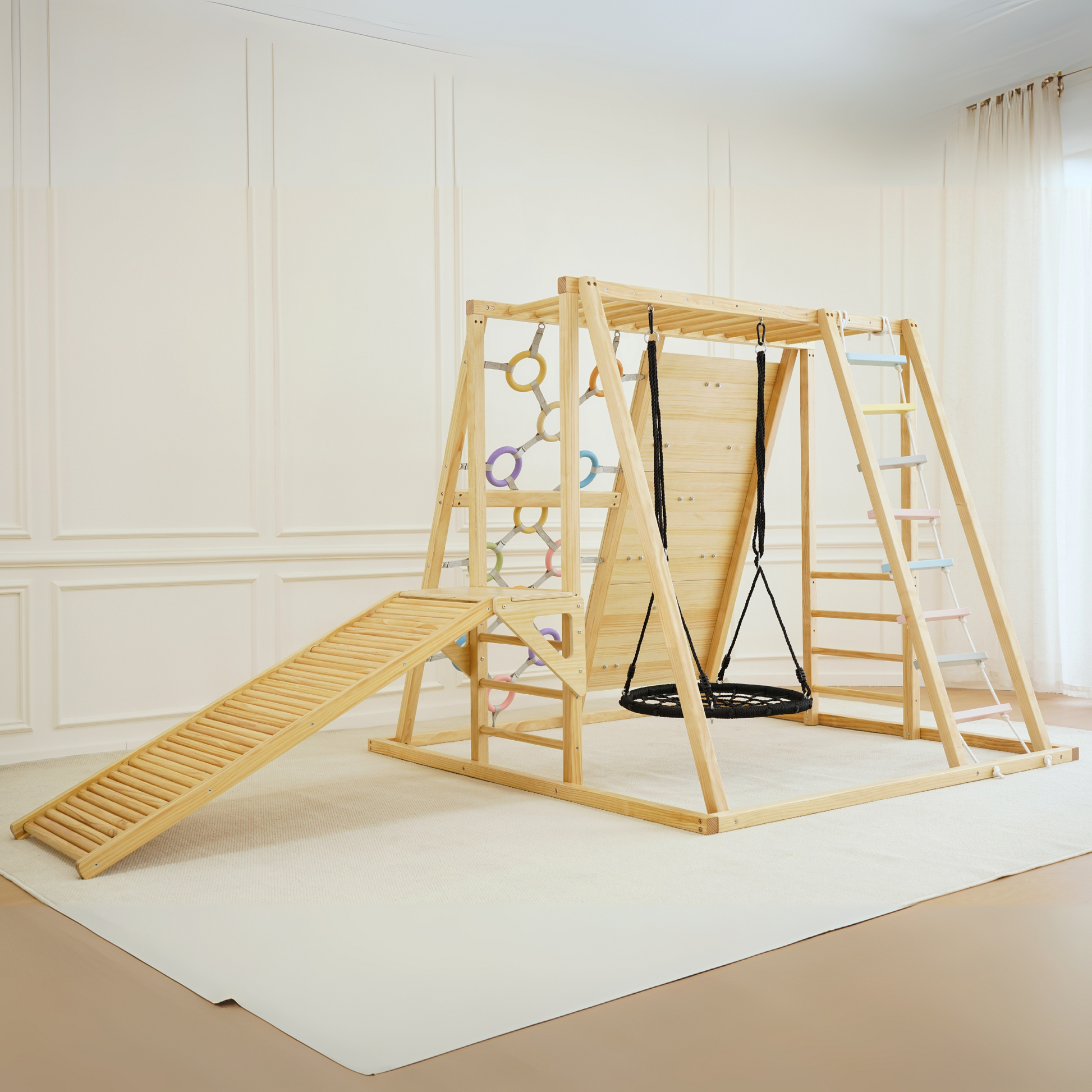 Sweetgum XL | 8-in-1 Indoor Playset for Toddlers with Slide and Swing - Chickadees Wooden Toys
