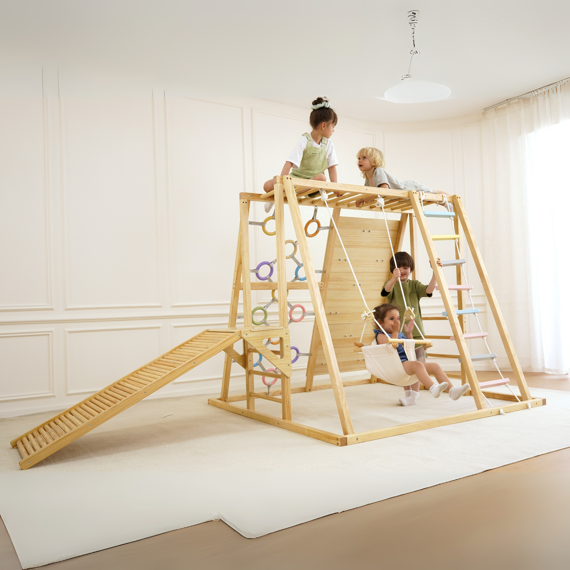 Sweetgum XL | 8-in-1 Indoor Playset for Toddlers with Slide and Swing - Chickadees Wooden Toys