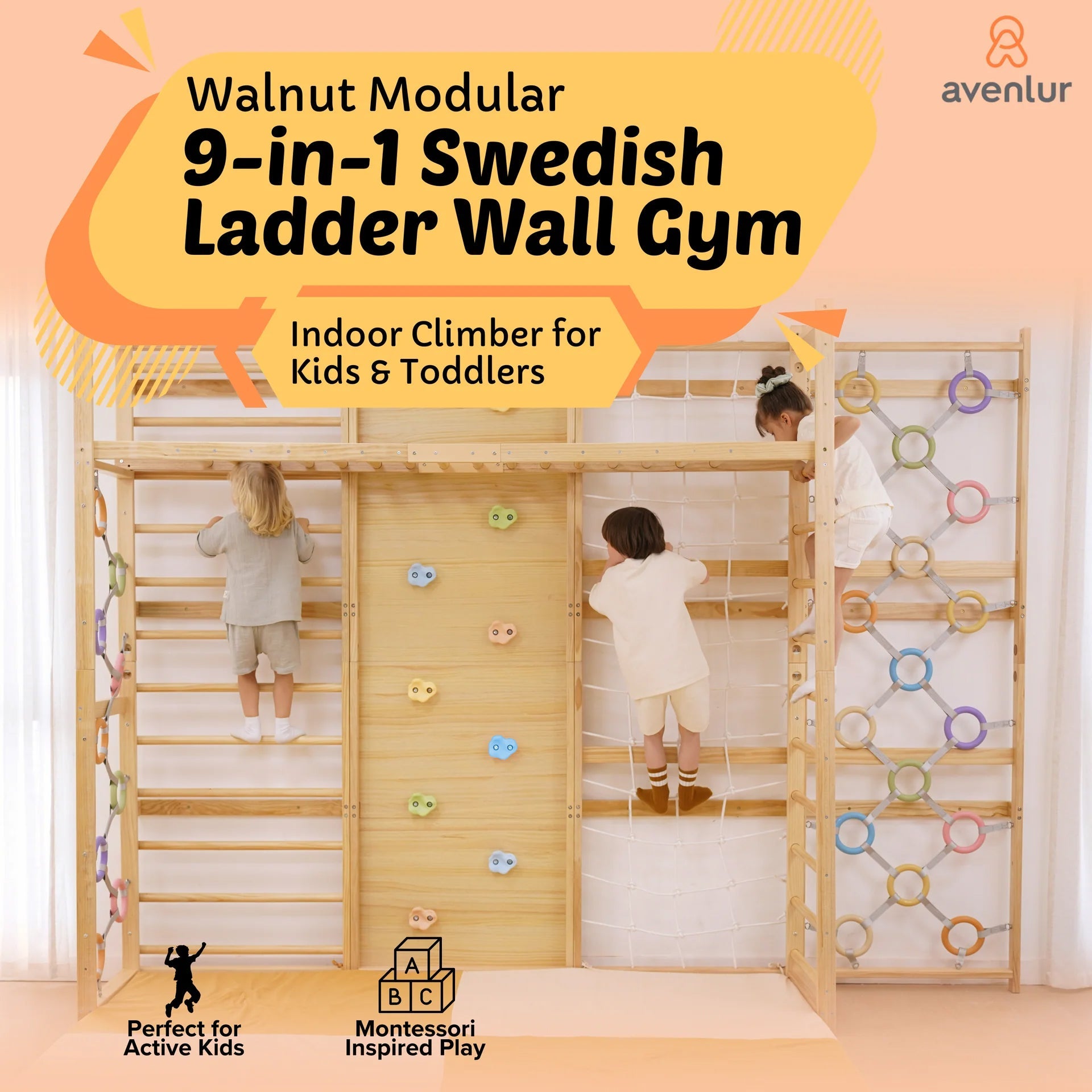 Walnut Modular 79" | Swedish Wall Gym in 3 Panels for Lower Ceilings - Chickadees Wooden Toys