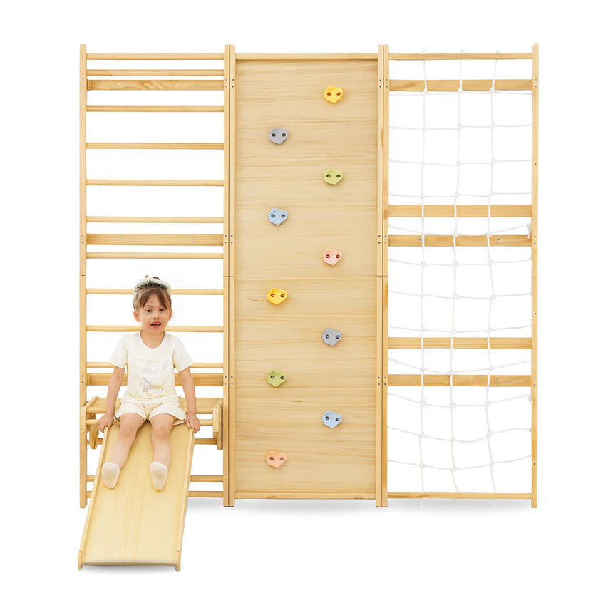 Walnut Modular 79" | Swedish Wall Gym in 3 Panels for Lower Ceilings - Chickadees Wooden Toys