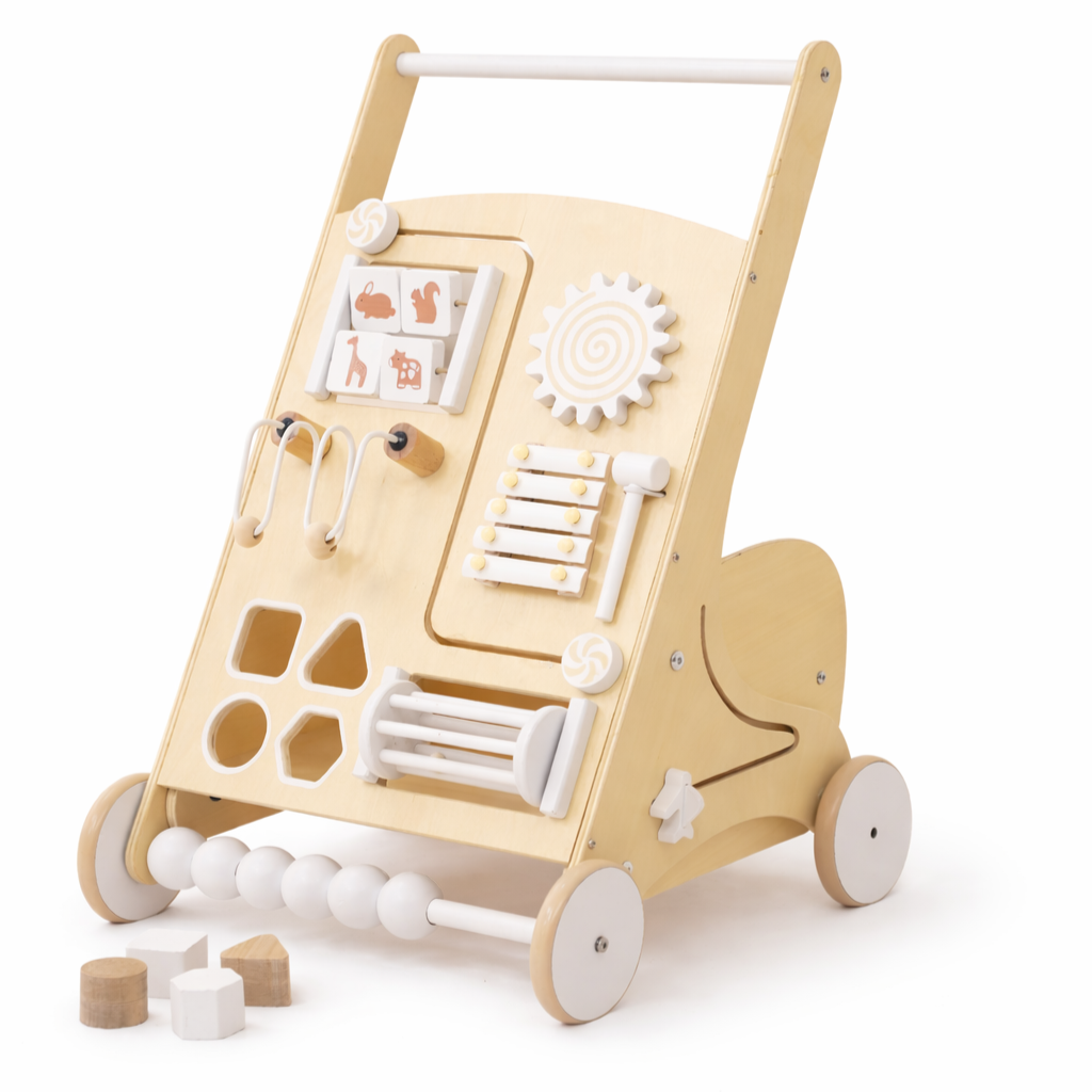 Wooden Baby Push Walker with Activity Panel | Montessori Walker for First Steps - Chickadees Wooden Toys