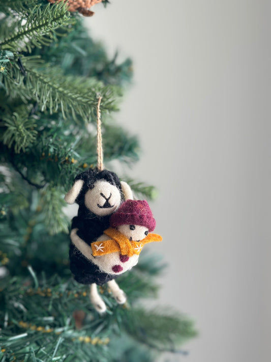 Black Sheep Holding Snowman Ornament - Chickadees Wooden Toys