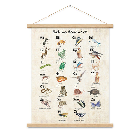 Nature Alphabet 1 - Matte 18x24 Poster with Wooden Hanger - Vintage Look - Chickadees Wooden Toys