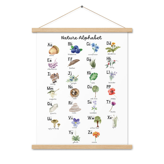 Nature Alphabet 2 - Matte 18x24 Poster with Wooden Hanger - White - Chickadees Wooden Toys