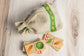Wooden fruits/ vegetables Domino game for preschoolers in linen bag