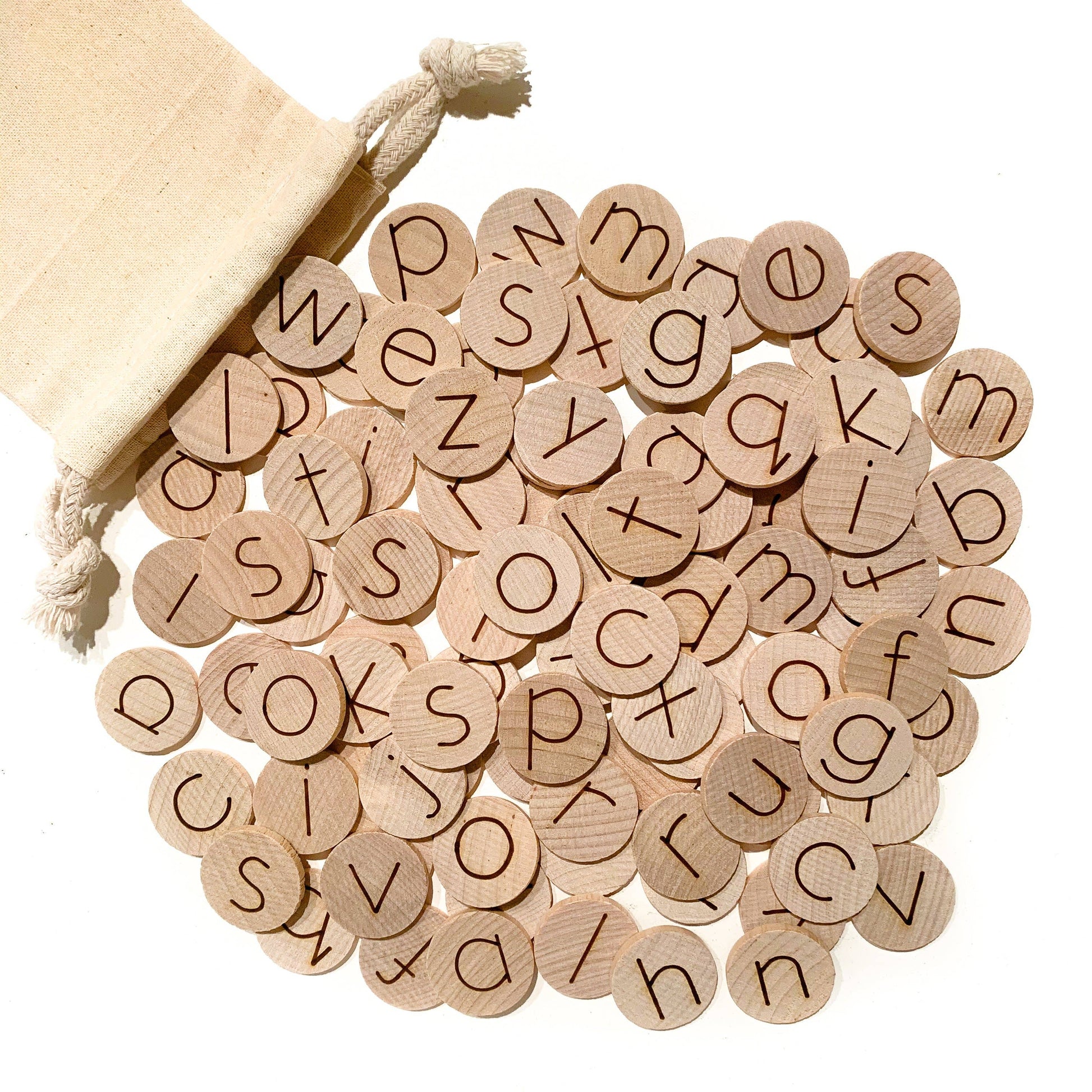 Alphabet Discs (Set of 100 Mini 1"): Double Sided Lowercase & Uppercase - Chickadees Wooden Toys