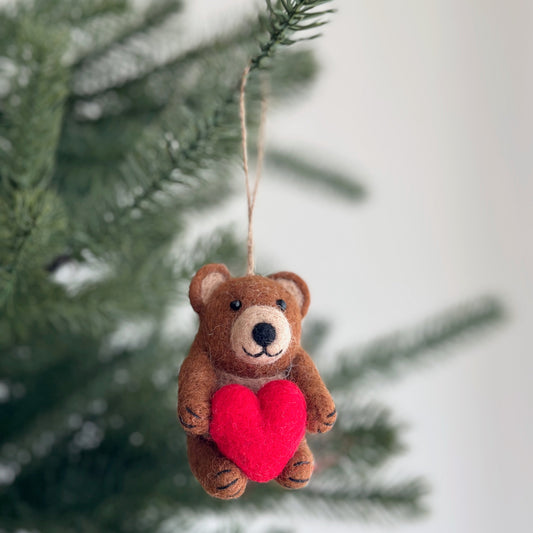 Felt Bear Holding Heart Ornament - Chickadees Wooden Toys