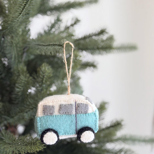 Felt Blue Camper Van Ornament – Retro Wool Felt Christmas Ornament - Chickadees Wooden Toys