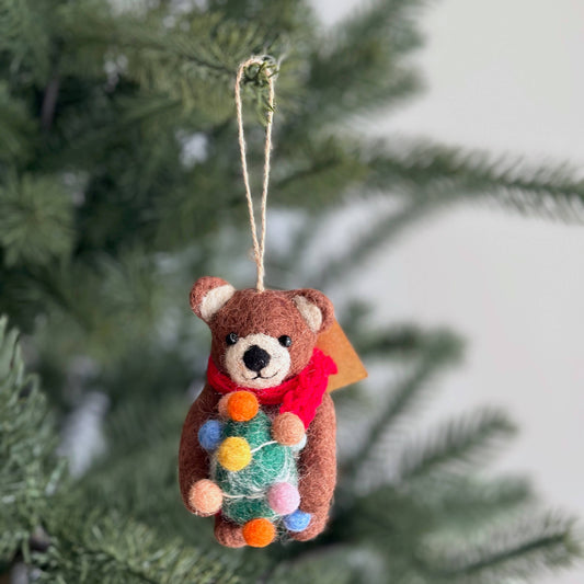 Felt Brown Bear Holding Christmas Tree Ornament - Chickadees Wooden Toys