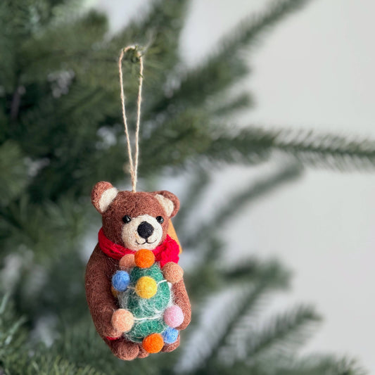 Felt Brown Bear Holding Christmas Tree Ornament - Chickadees Wooden Toys
