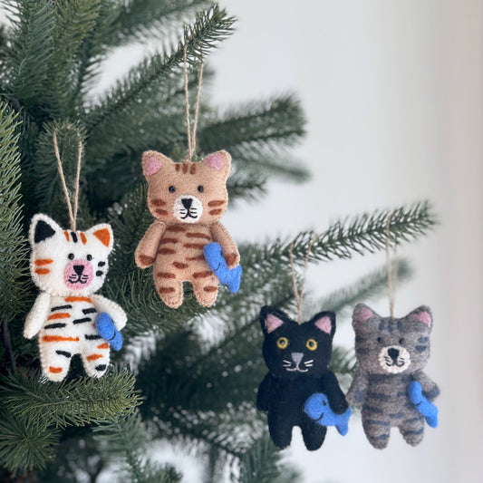 Felt Cat Ornament - Stitched Cat Holding Fish