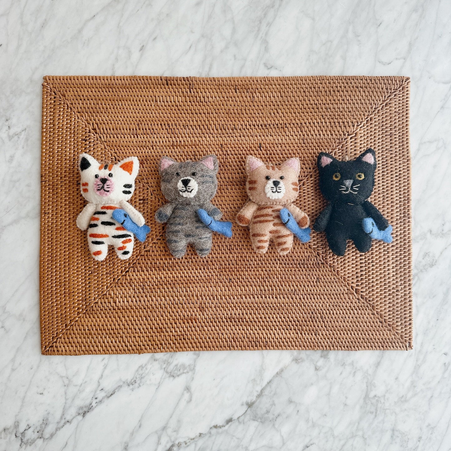 Felt Cat Ornament - Stitched Cat Holding Fish