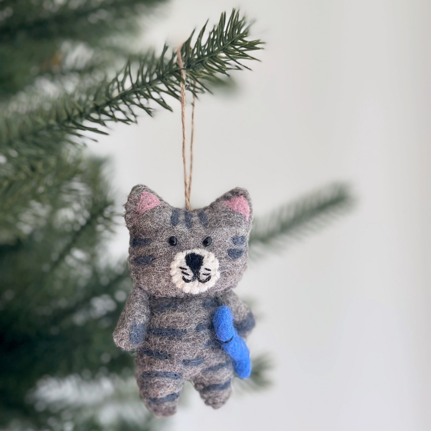 Felt Cat Ornament - Stitched Cat Holding Fish