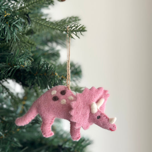 Felt Dinosaur Ornament - Pink Triceratops - Chickadees Wooden Toys
