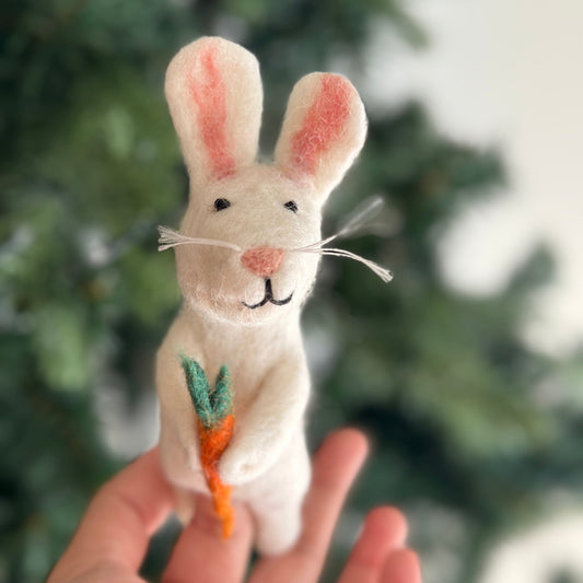 Felt Finger Puppet - Bunny Holding a Carrot - Chickadees Wooden Toys