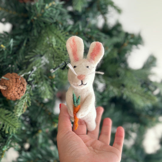 Felt Finger Puppet - Bunny Holding a Carrot - Chickadees Wooden Toys
